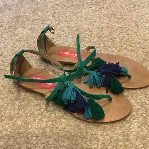 Blue and green tassel sandals
